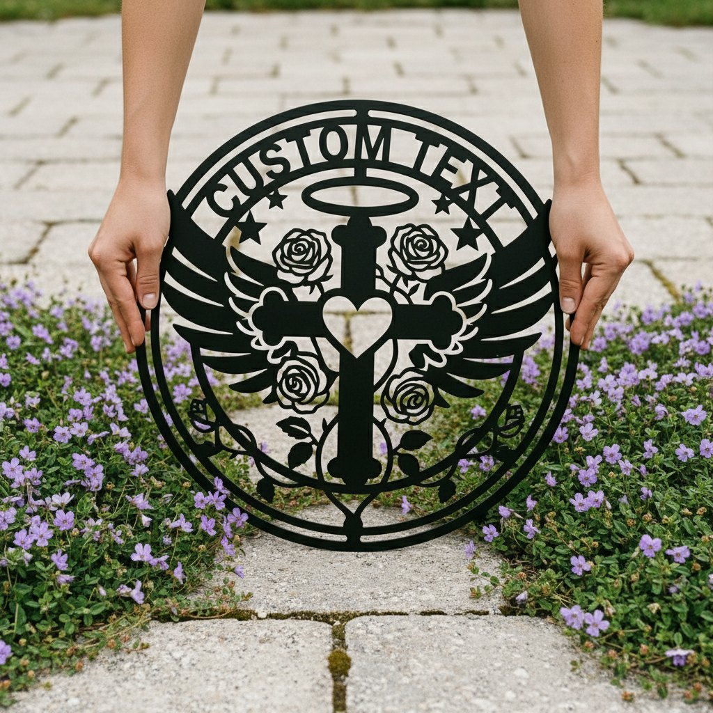 Personalisiertes Kreuz mit Engelsflügeln, Herz und Rosen Metallschild rund – Bild 4
