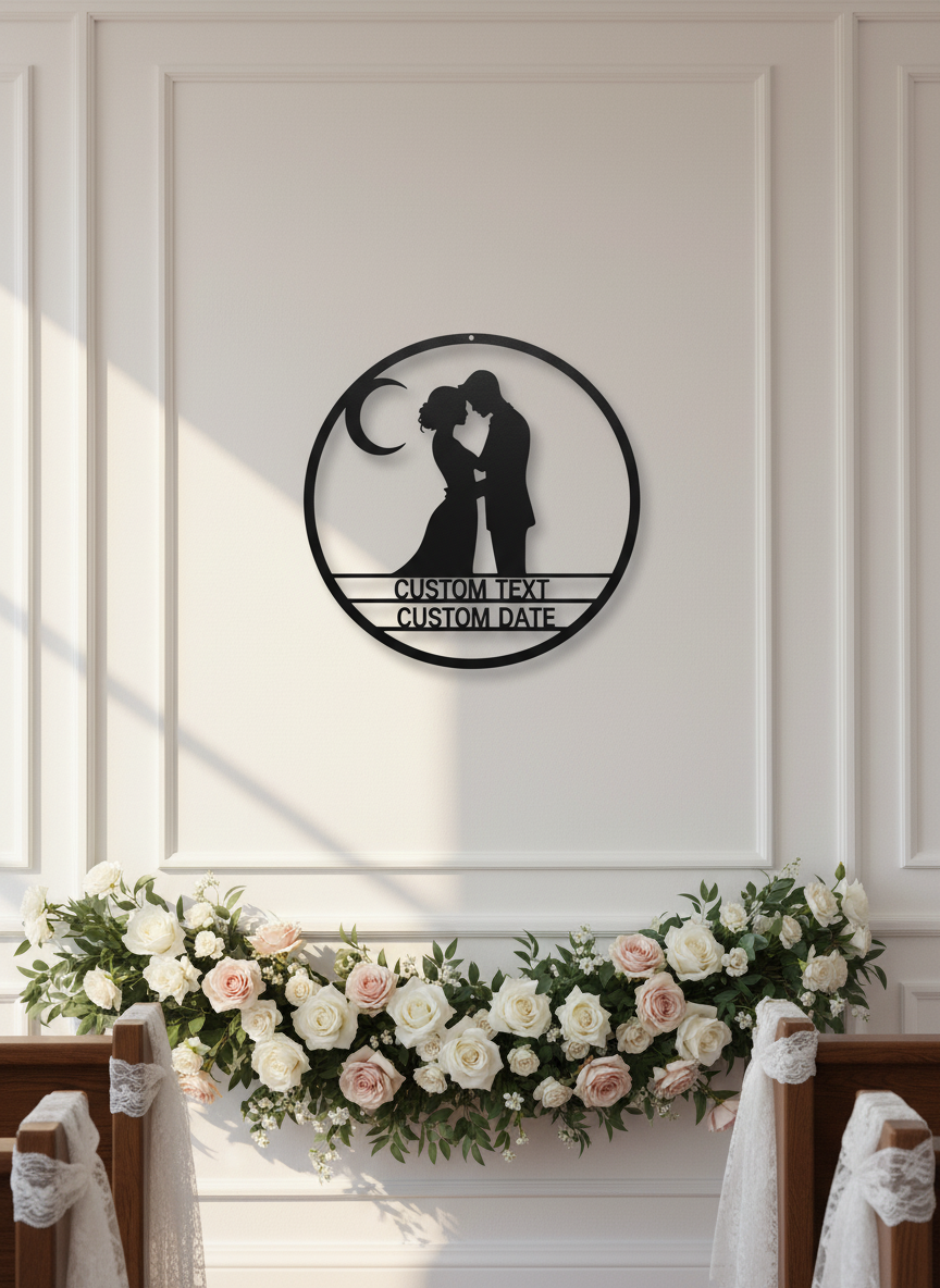 Personalized round metal sign with couple on crescent moon and stars – image 3