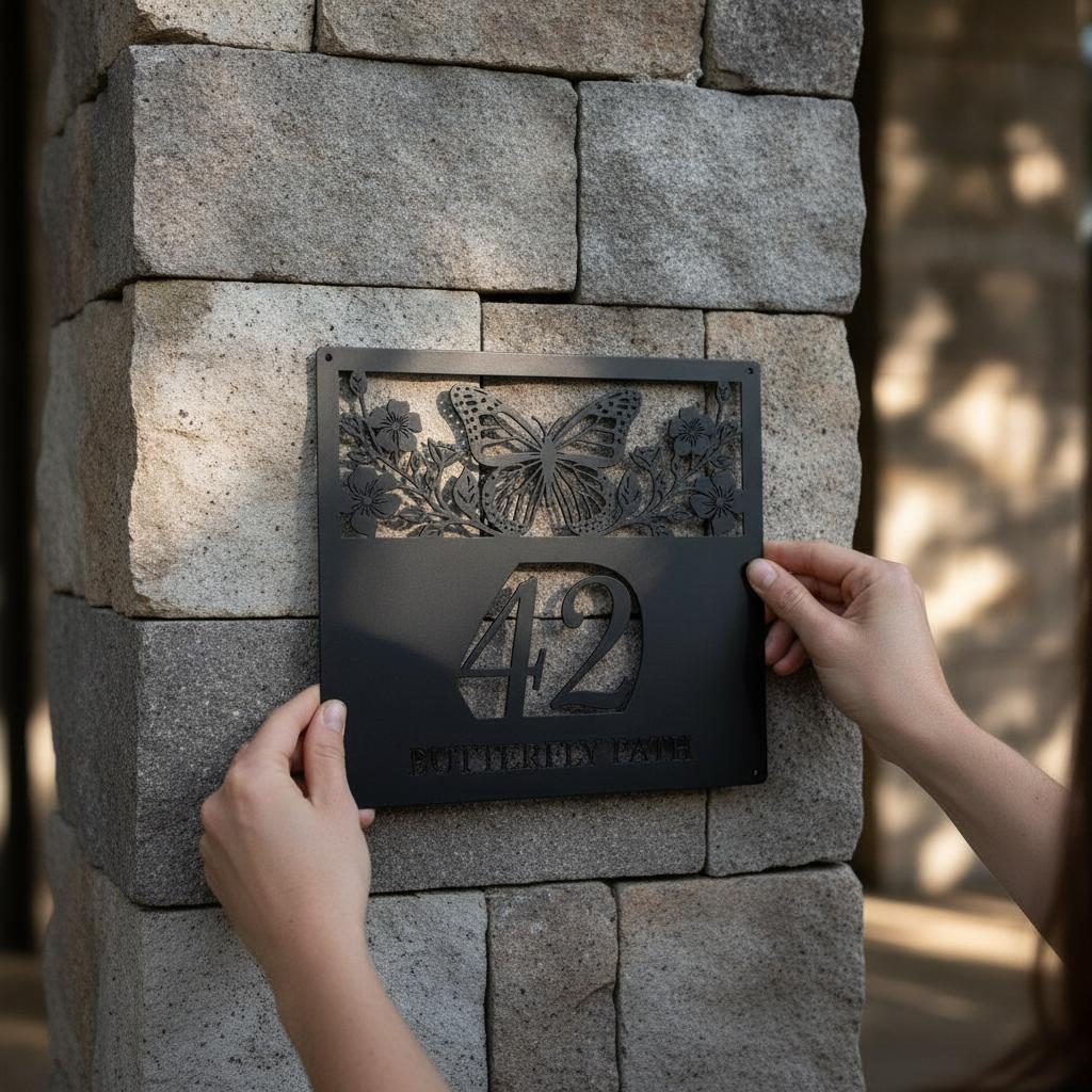 Personalized butterfly house number sign with flowers in black steel – image 10
