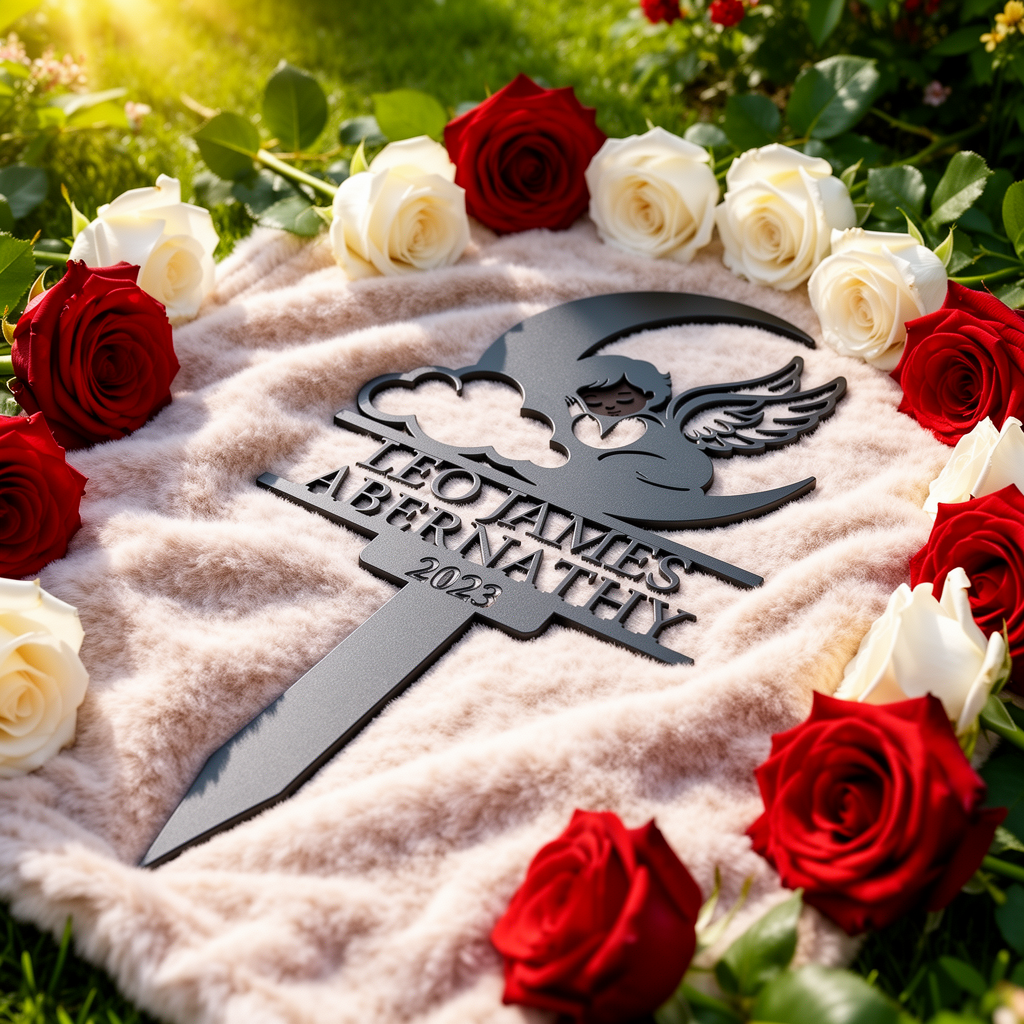 Personalized memorial stake with sleeping angel on crescent moon and cloud in black steel – image 10