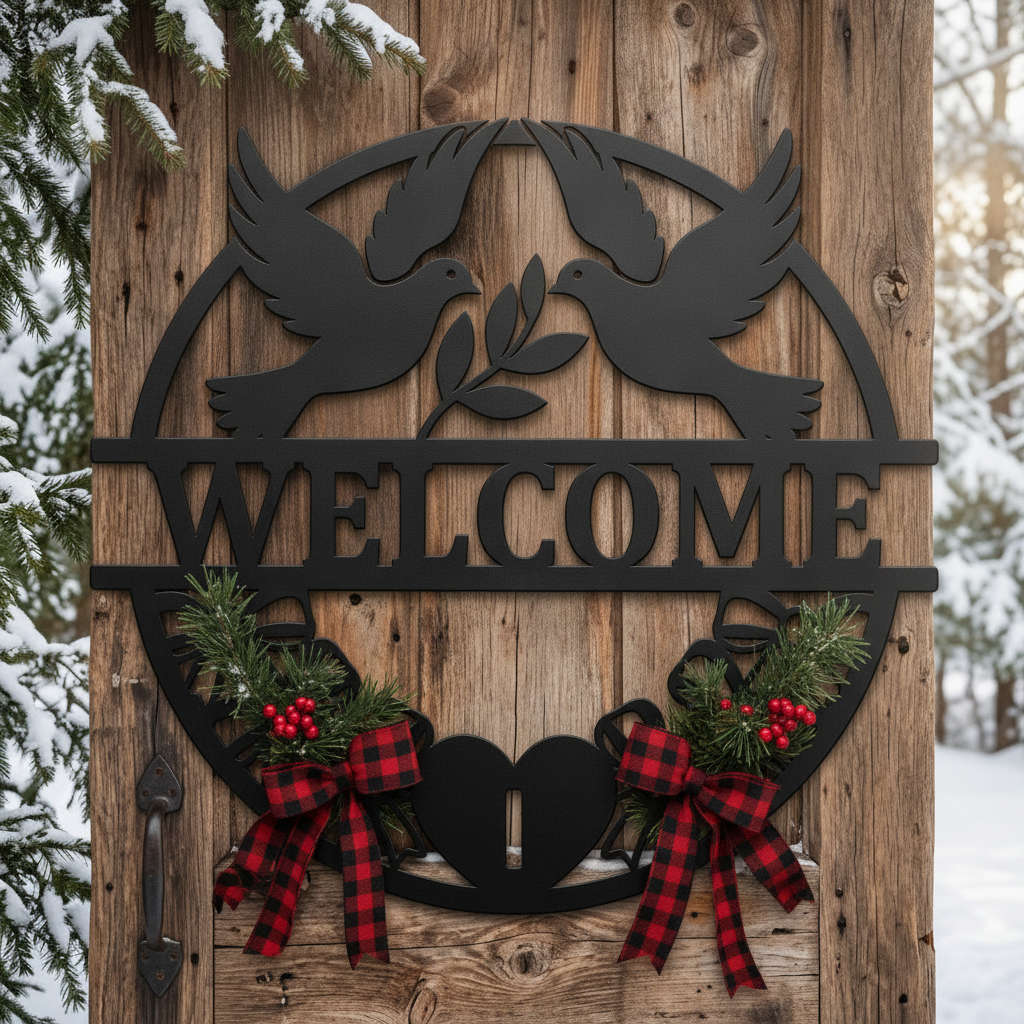 Round welcome sign with two doves and olive branch in black steel – image 6