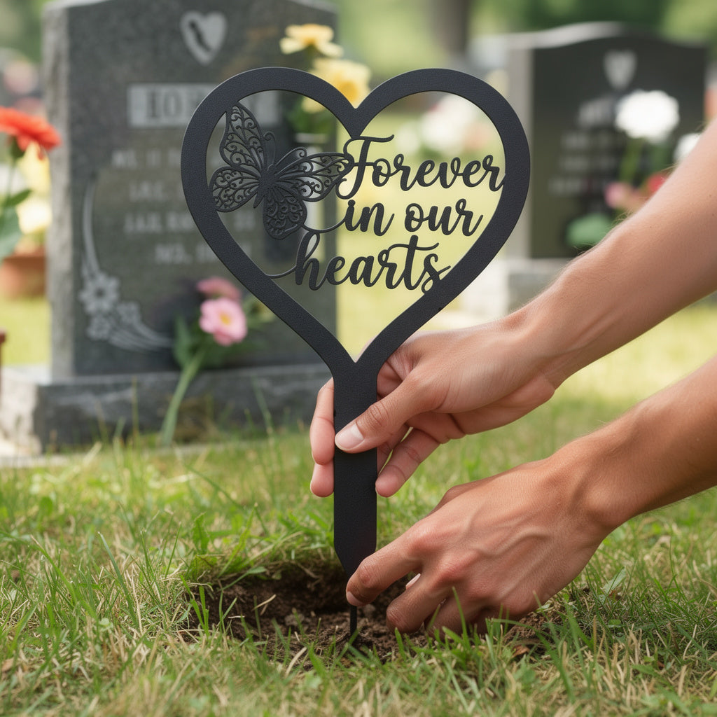 Forever in our hearts memorial stake with heart and butterfly in black steel – image 3