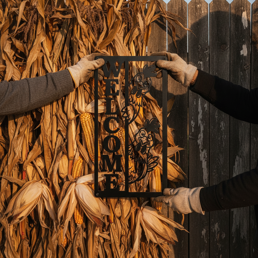 Vertical welcome sign with a peeking chicken in black steel – image 8