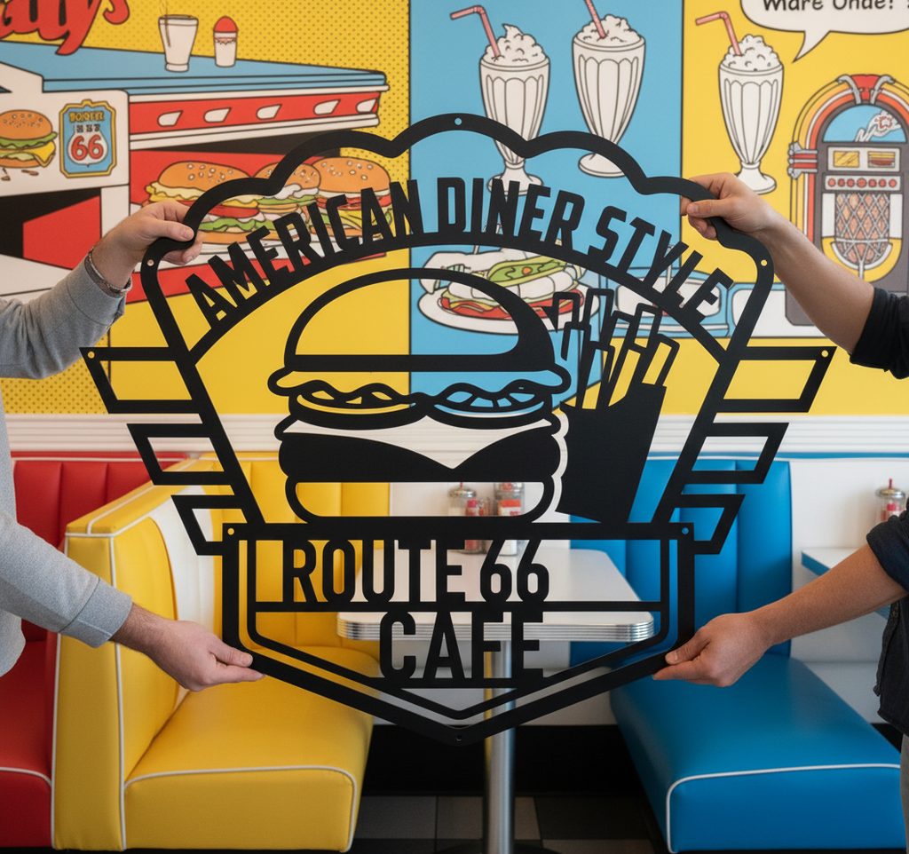 Personalized American diner metal sign with burger and fries in black steel – image 6