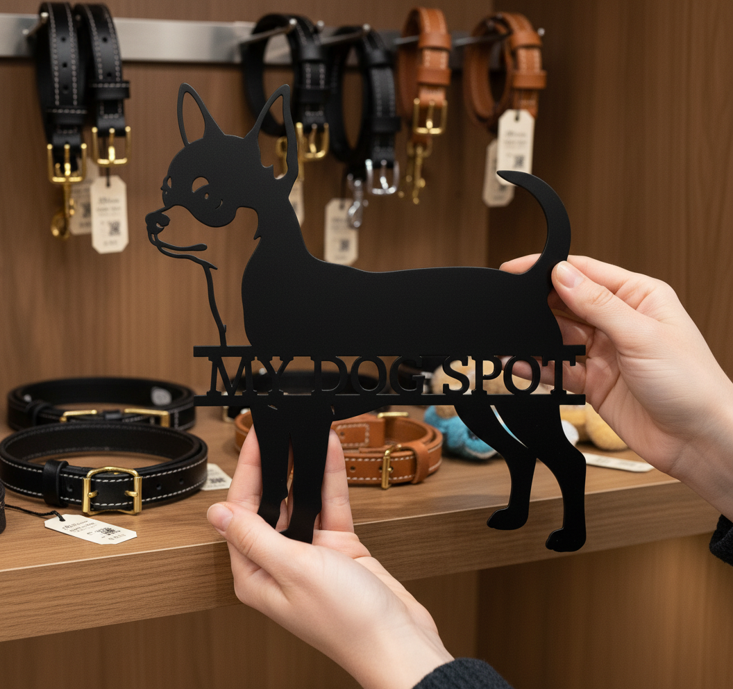 Personalisiertes Chihuahua Metallschild mit Hundenamen aus schwarzem Stahl – Bild 9