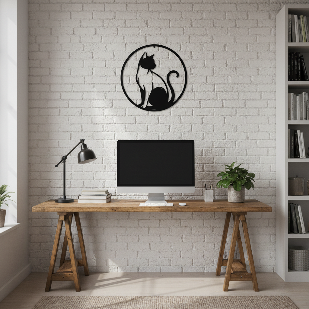 Round cat profile silhouette metal wall art in black steel – image 3