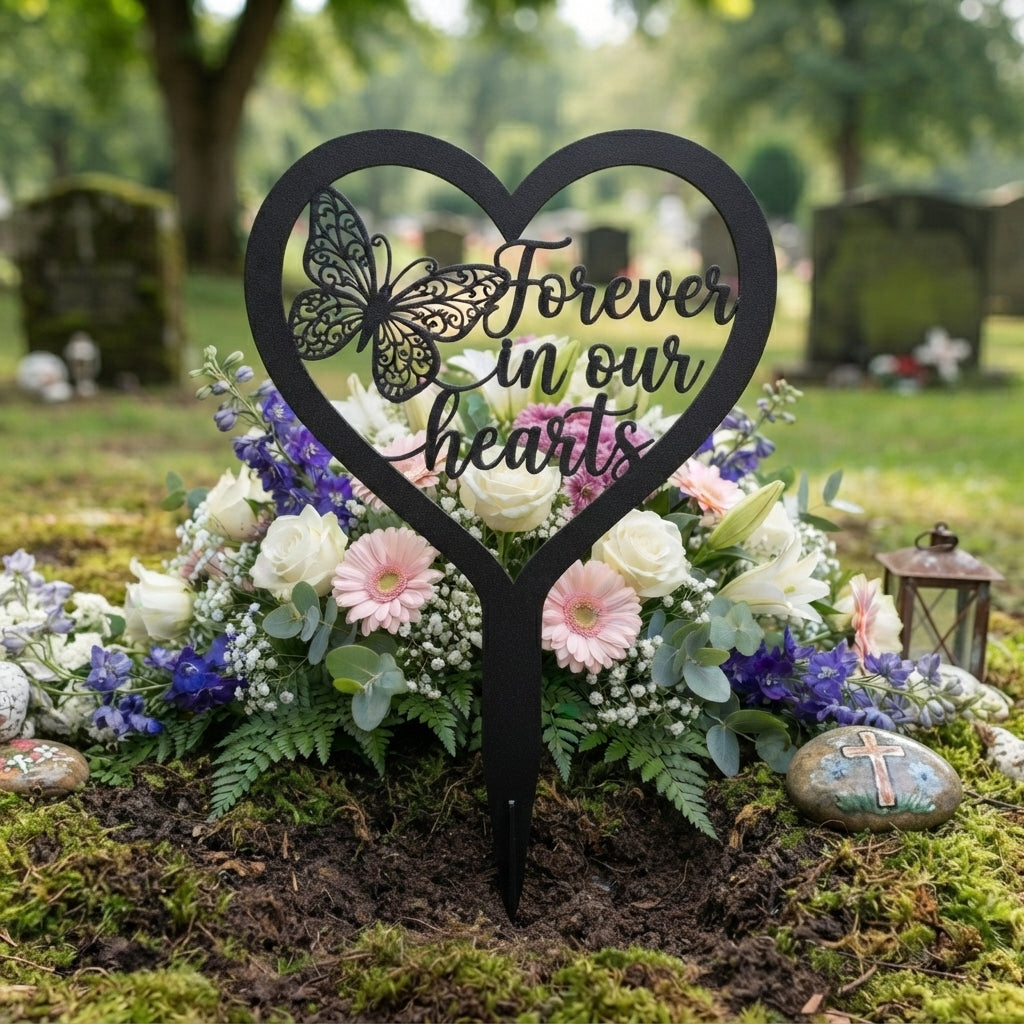 Forever in our hearts Schmetterling Herz Gedenkstecker – Bild 1