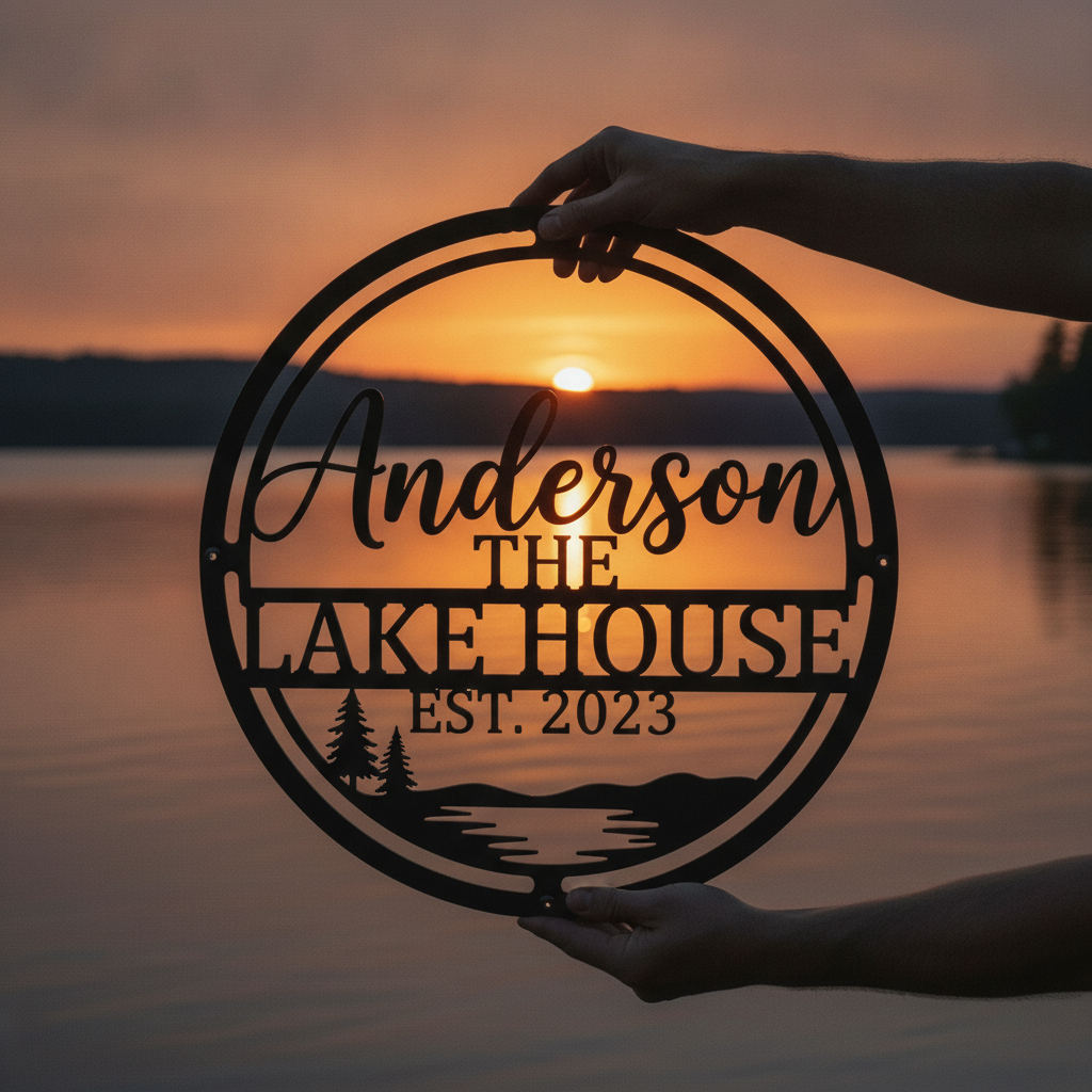 Personalisiertes rundes The Lake House Metallschild mit Familienname und Jahr aus schwarzem Stahl – Bild 3