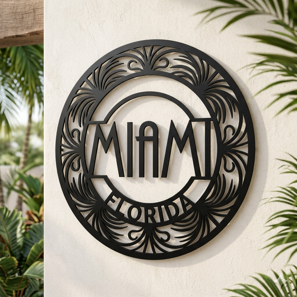Round Miami metal sign with Art Deco buildings and palm trees in black steel