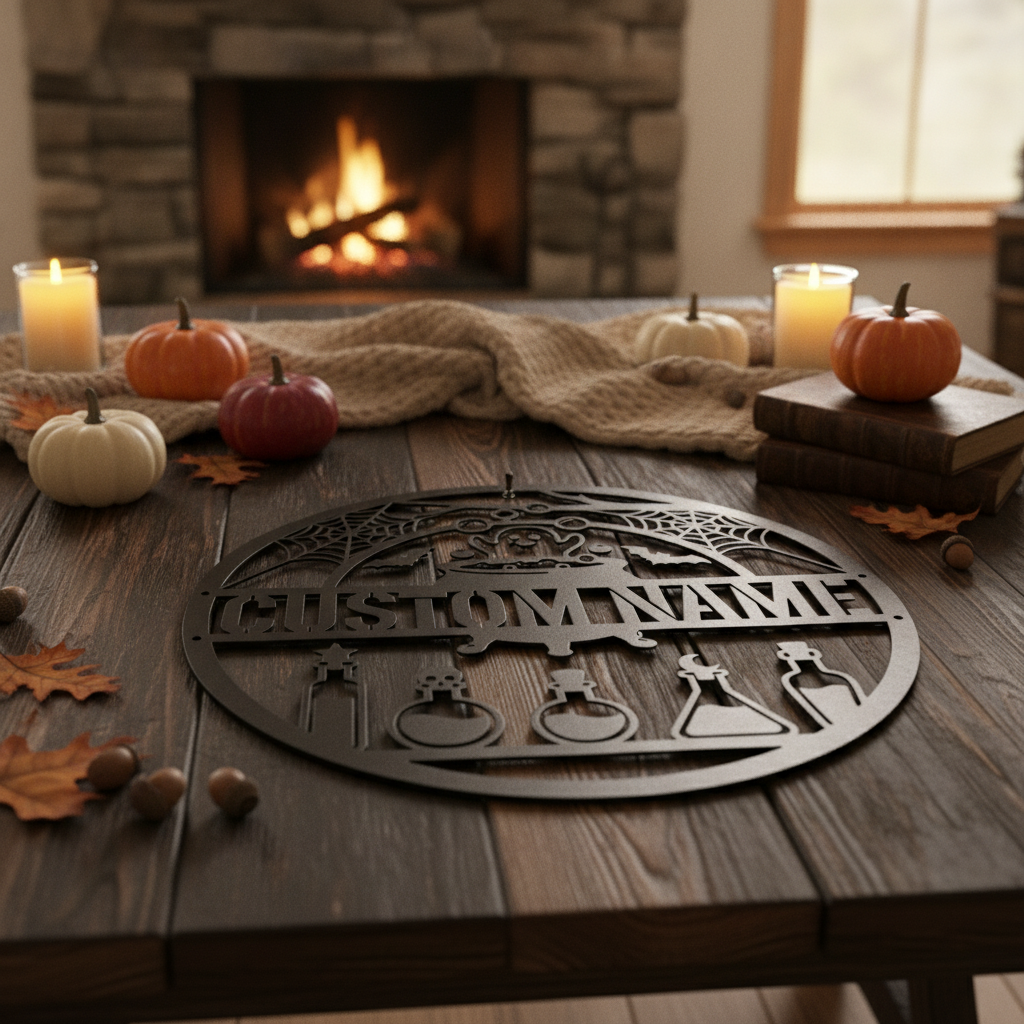 Personalized witch cauldron Halloween sign with name in black steel – image 10