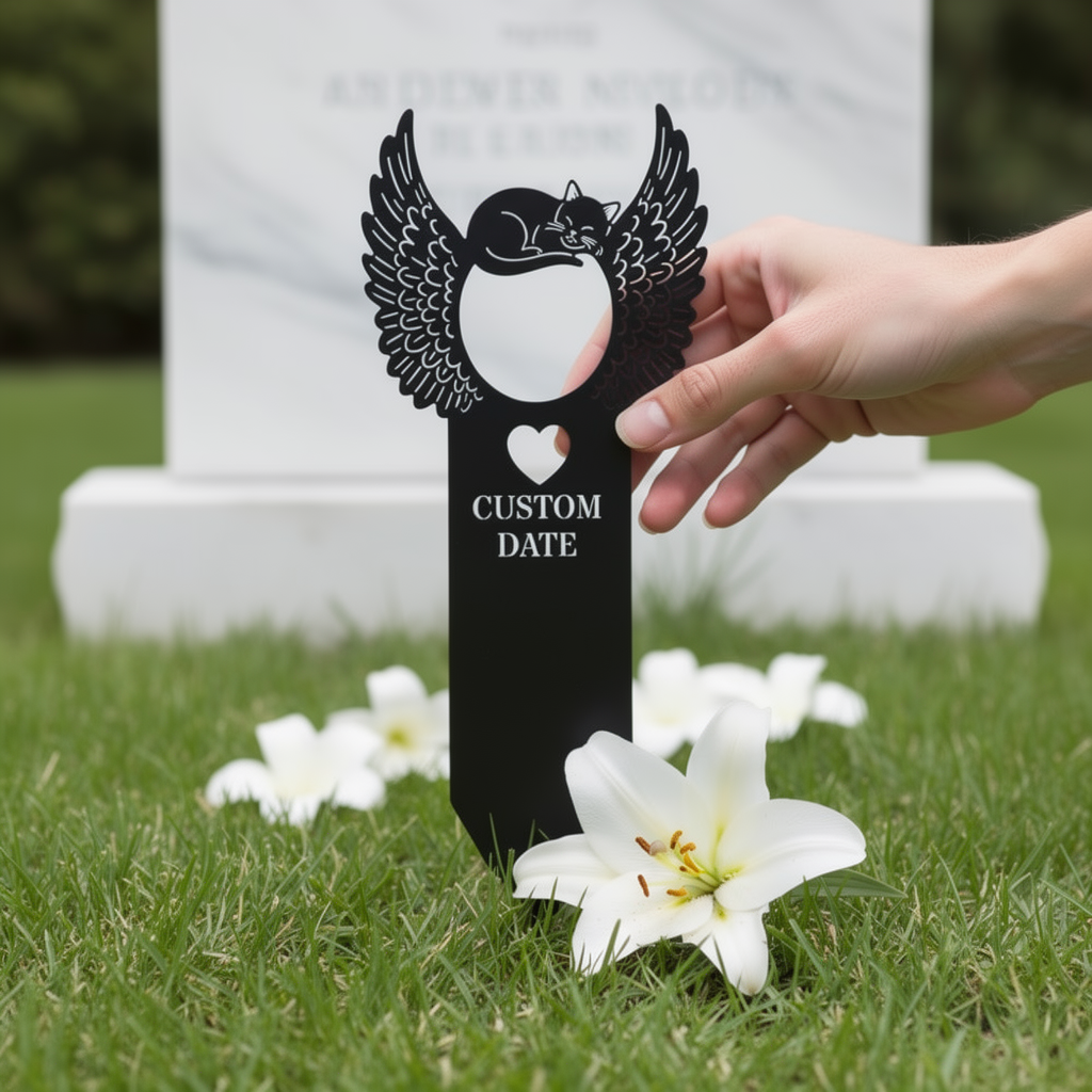 Personalized cat memorial garden stake with sleeping cat and angel wings in black steel – image 7