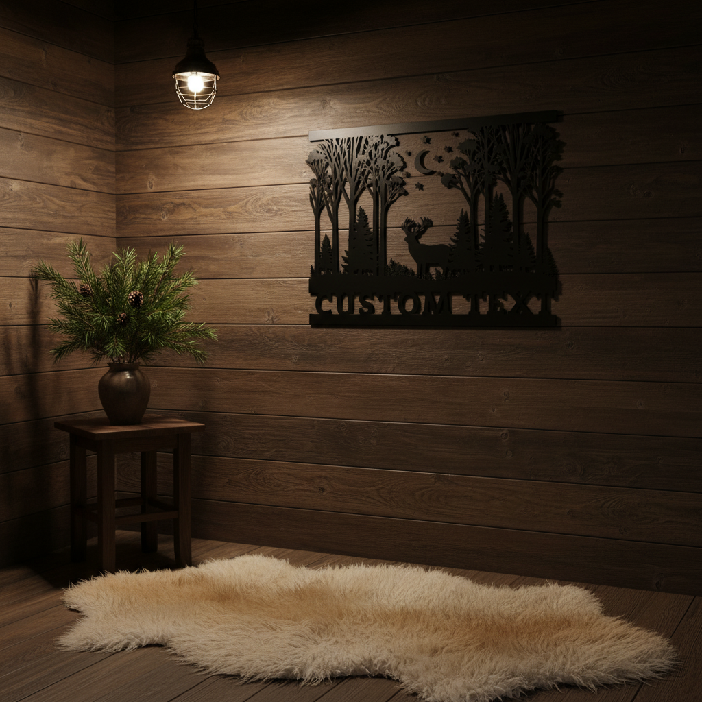 Personalized deer in night forest metal sign with crescent moon in black steel – image 5