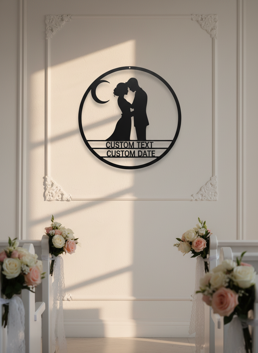 Personalized round metal sign with couple on crescent moon and stars – image 2