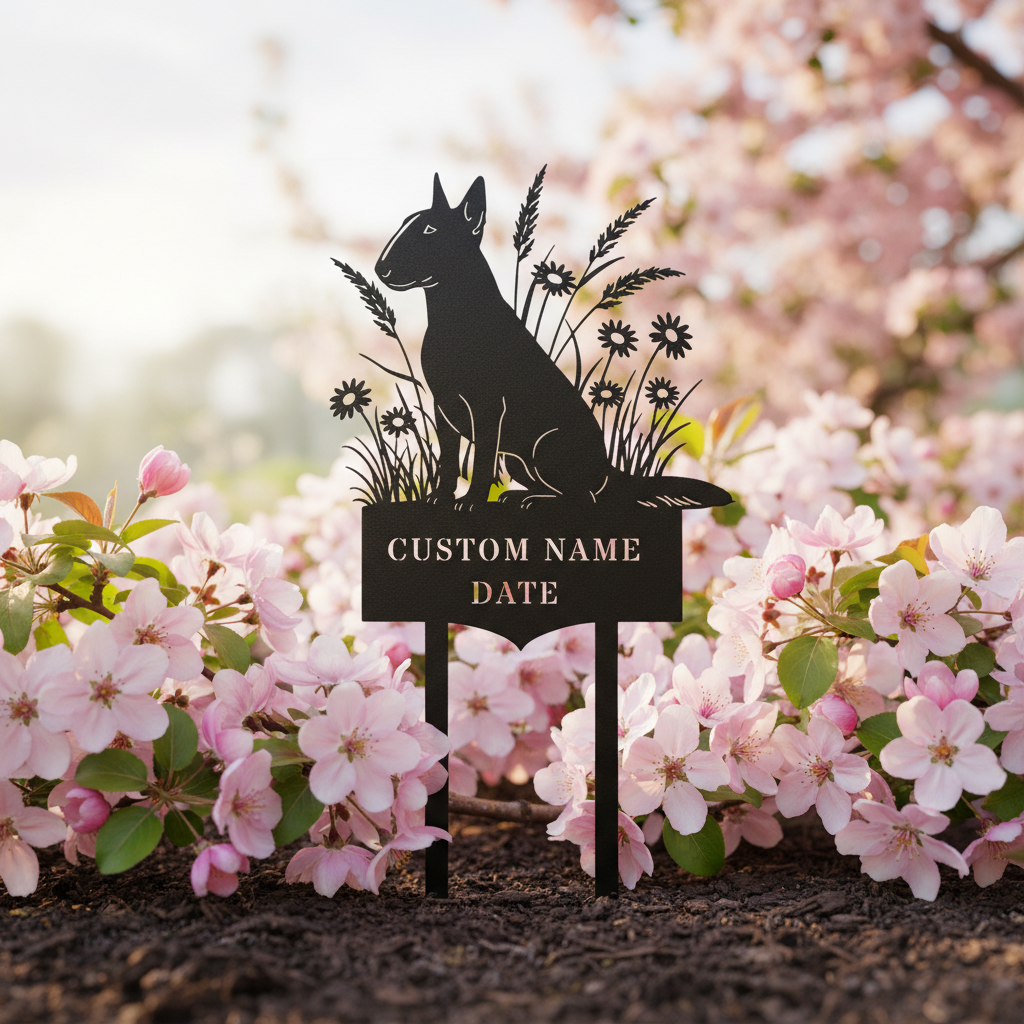 Personalized Bull Terrier memorial garden stake with dog name and dates in black steel – image 6