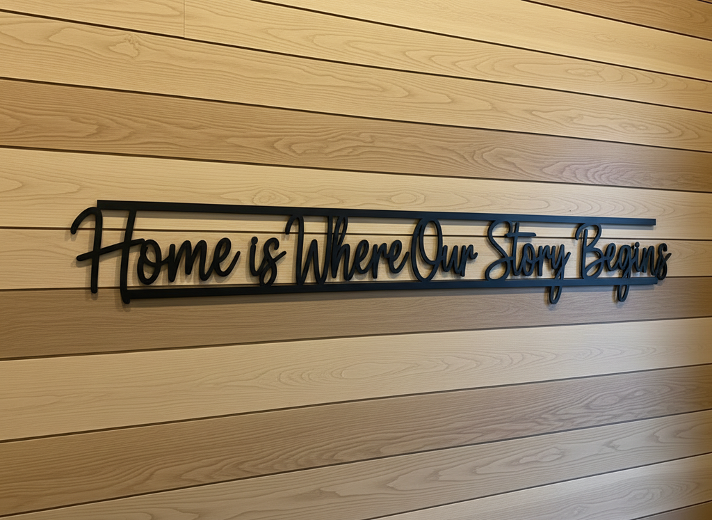 Home is where our story begins metal word art quote in black steel