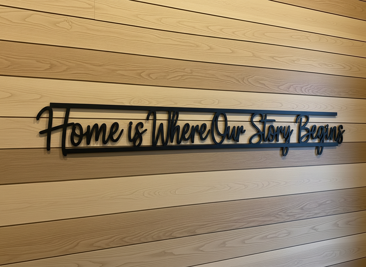 Home is where our story begins metal word art quote in black steel