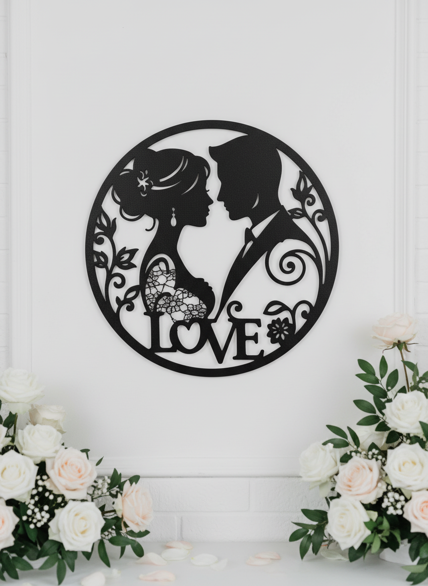 Round bride and groom silhouette metal wall art in black steel – image 3