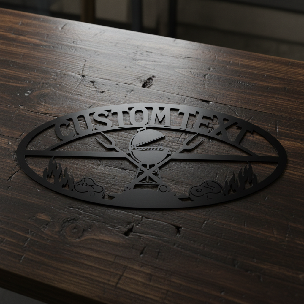 Personalized oval BBQ grill sign with steaks and name in black steel – image 9