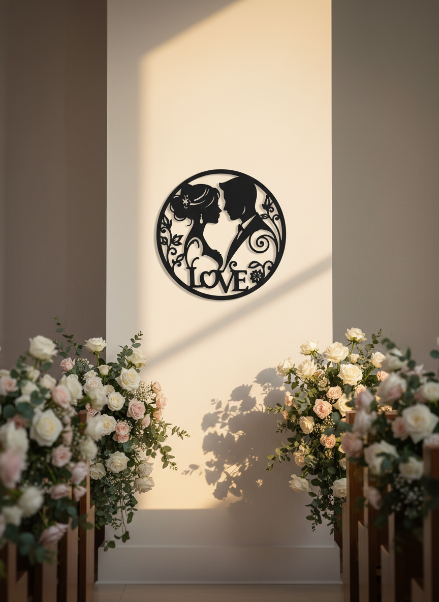 Round bride and groom silhouette metal wall art in black steel – image 4