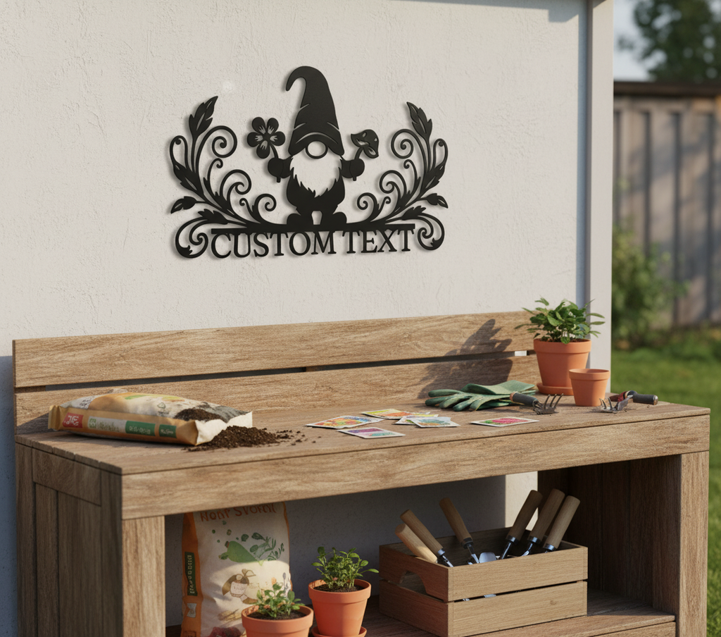 Personalized garden gnome metal sign with flowers, mushroom and name in black steel – image 9