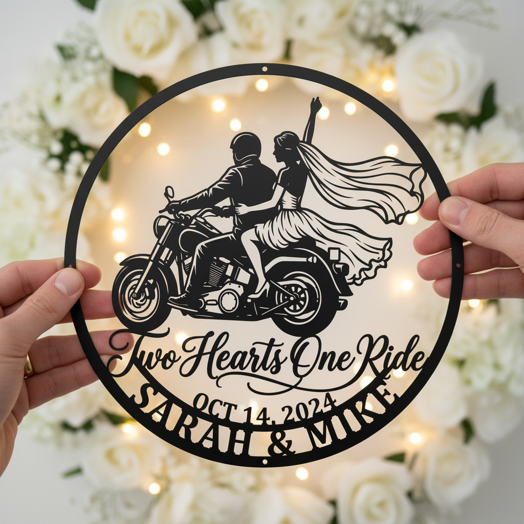 Personalized Just Married motorcycle wedding metal sign with names and date – image 7