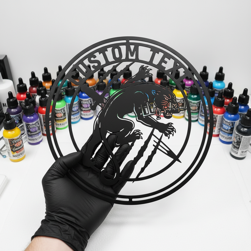 Personalized round tattoo studio sign with panther, tattoo machine and dagger in steel – image 5