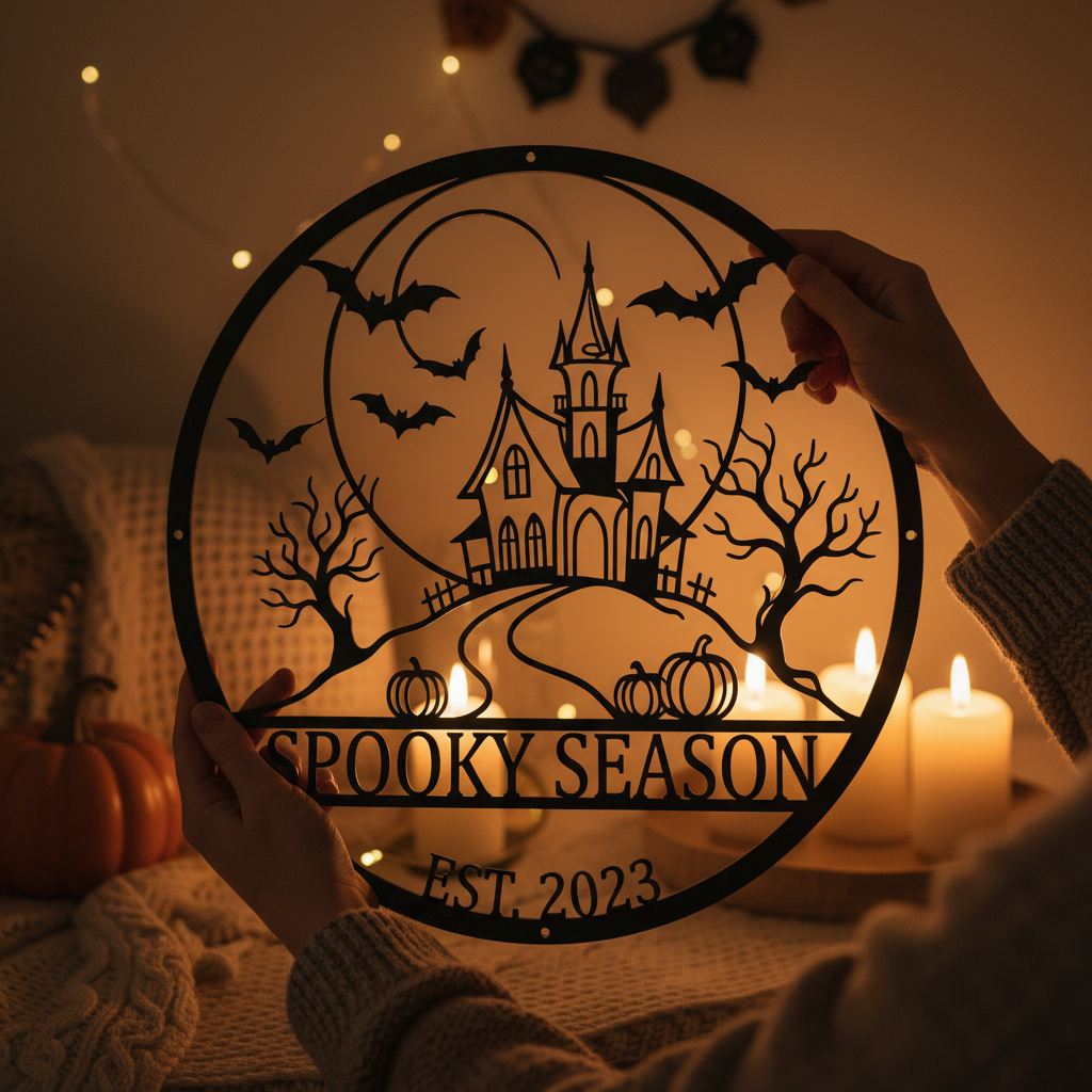 Personalisiertes Halloween Schild mit Spukhaus und Spooky Season aus schwarzem Stahl – Bild 9
