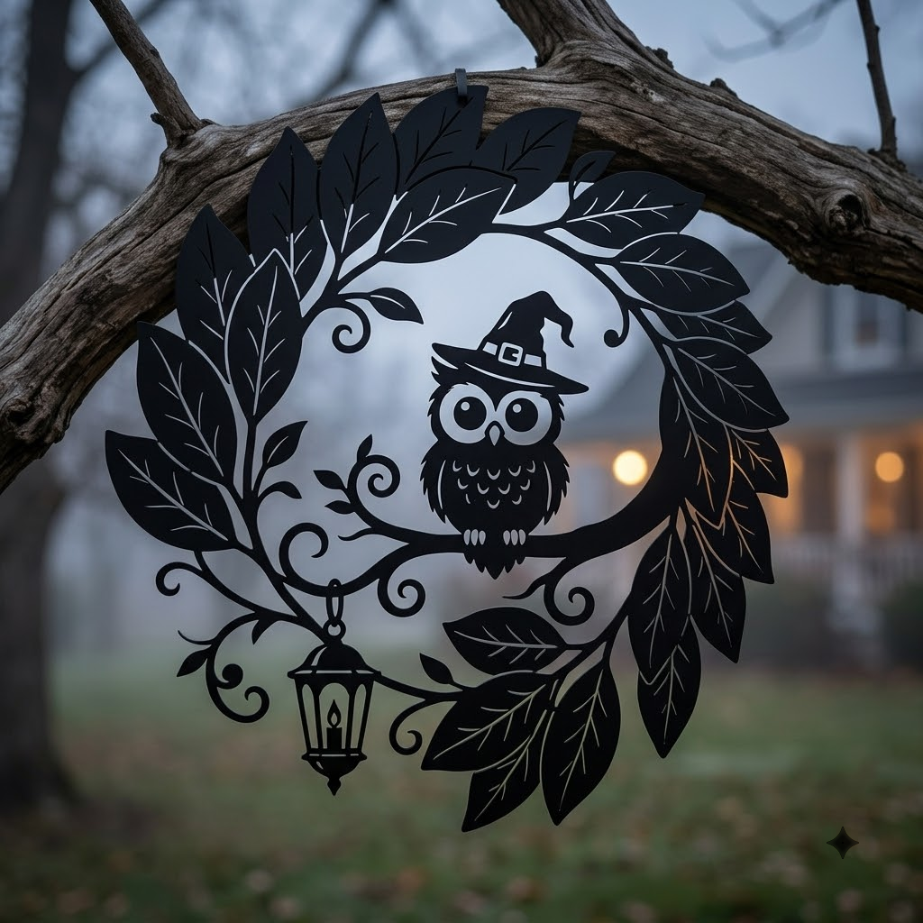 Halloween Hexe mit Eule, Laternen und Blätterkranz Metallschild rund – Bild 1