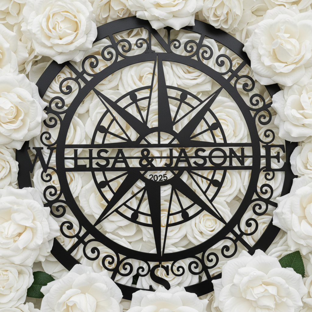 Personalisiertes rundes Kompassrose Metallschild für Paare mit Namen – Bild 7