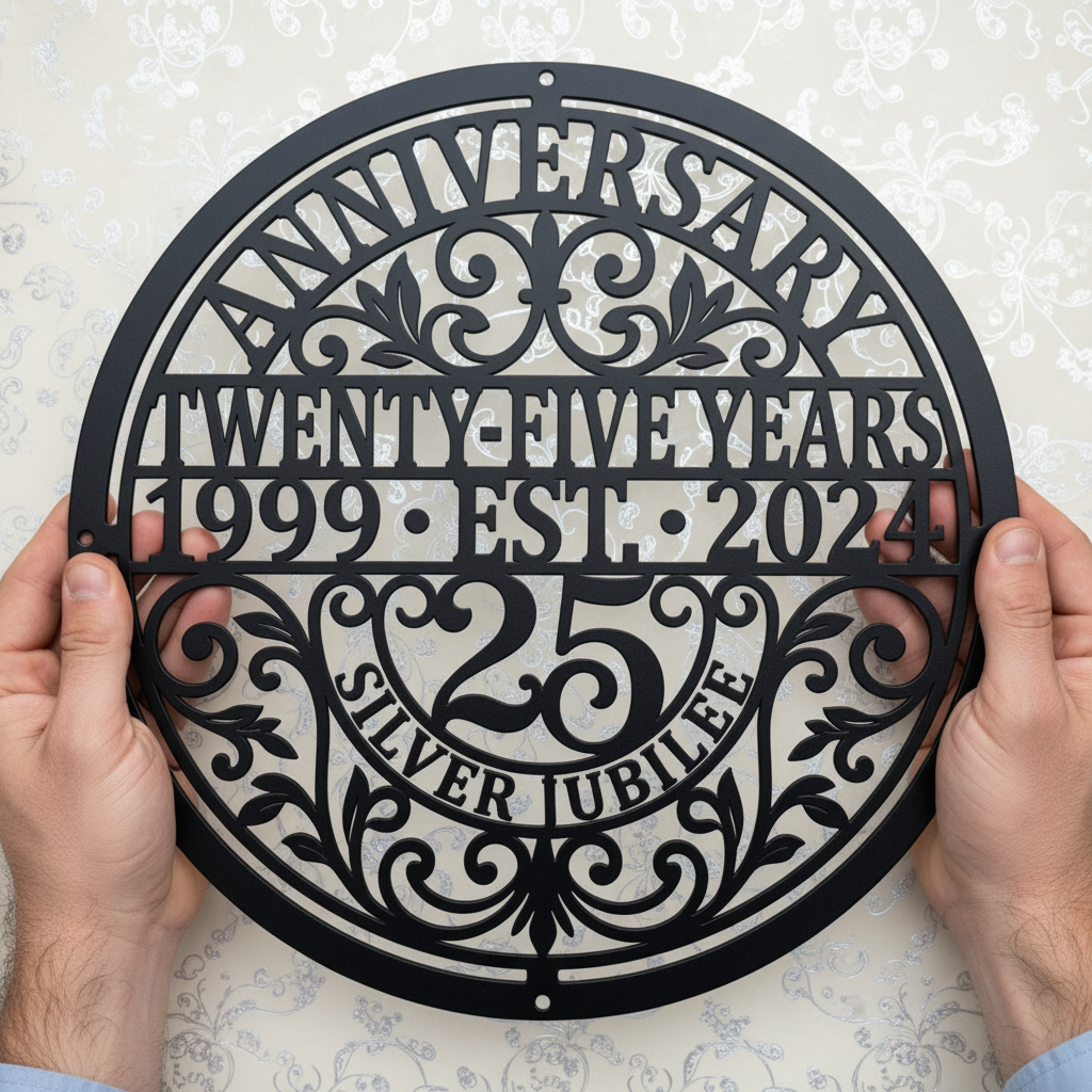 Personalized round 25th anniversary metal sign with names and date – image 2