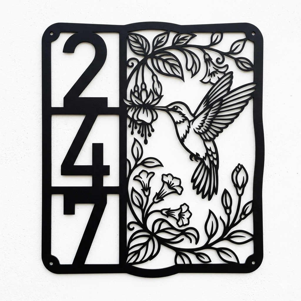 Personalisiertes Hausnummernschild mit Kolibri und Straßenname aus schwarzem Stahl – Bild 2