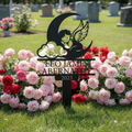 Personalized memorial stake with sleeping angel on crescent moon and cloud in black steel