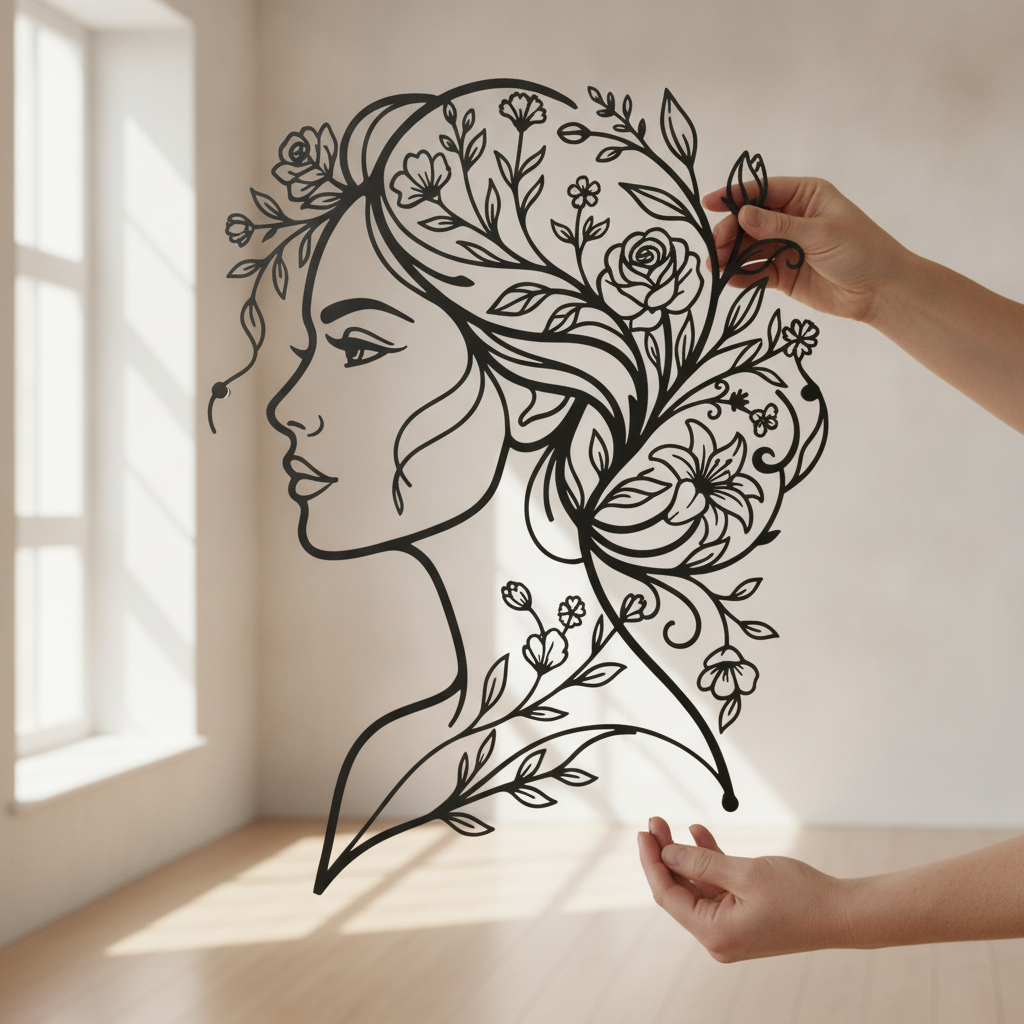 Personalized metal sign of a woman with flowers in her hair in black steel – image 4