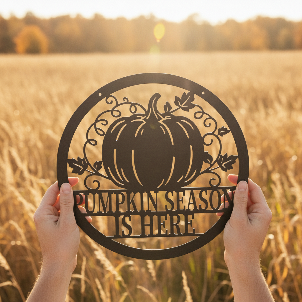 Round Pumpkin Season Is Here metal sign with pumpkins and vines – image 4