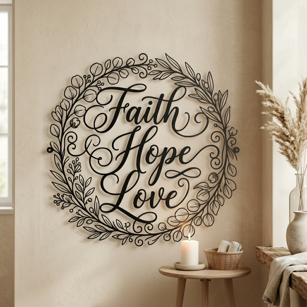 Round Faith Hope Love metal sign with delicate wreath in black steel – image 2