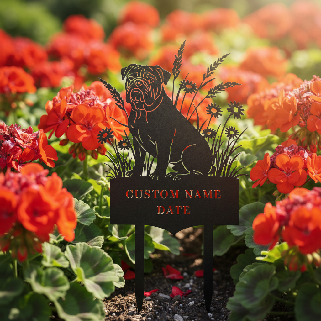 Personalized English Bulldog memorial garden stake with name and dates in black steel – image 2