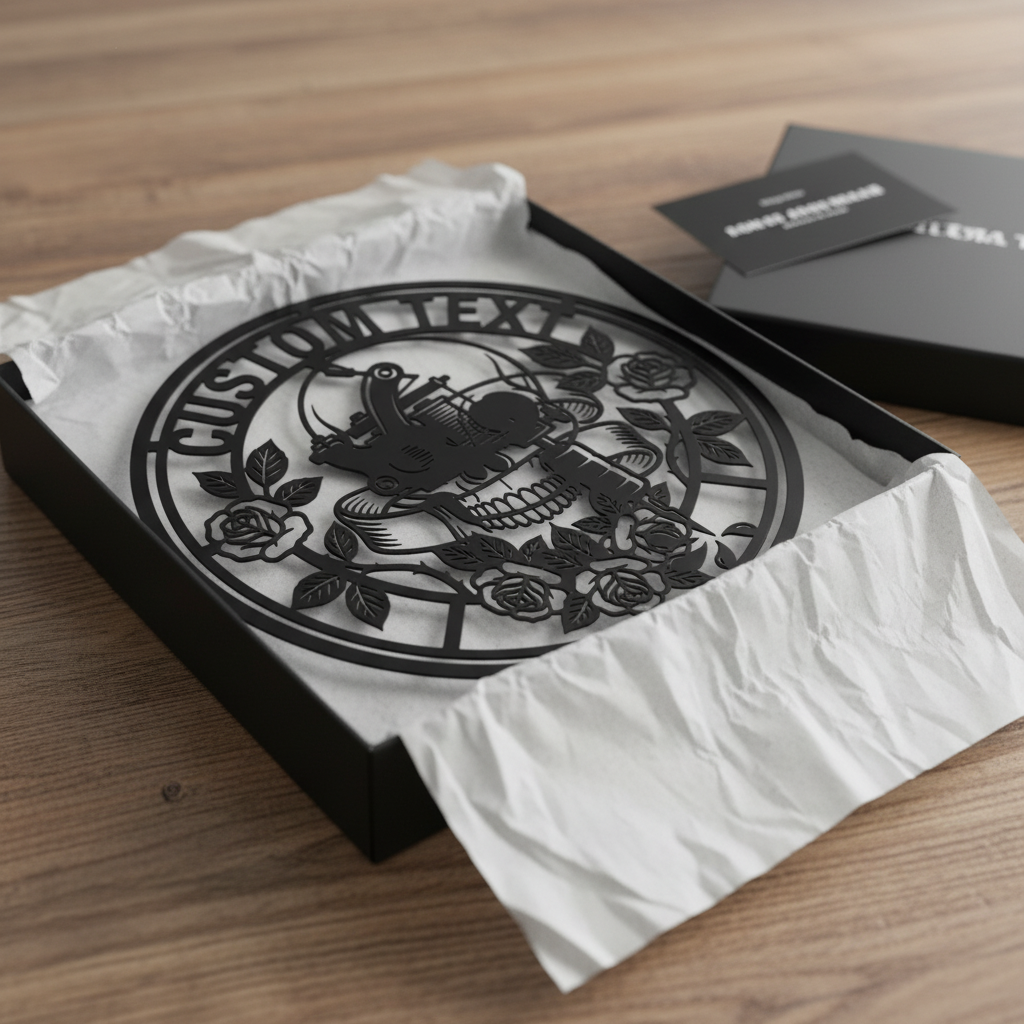Personalisiertes rundes Tattoostudio Schild mit Totenkopf, Rose und Tattoomaschine – Bild 7