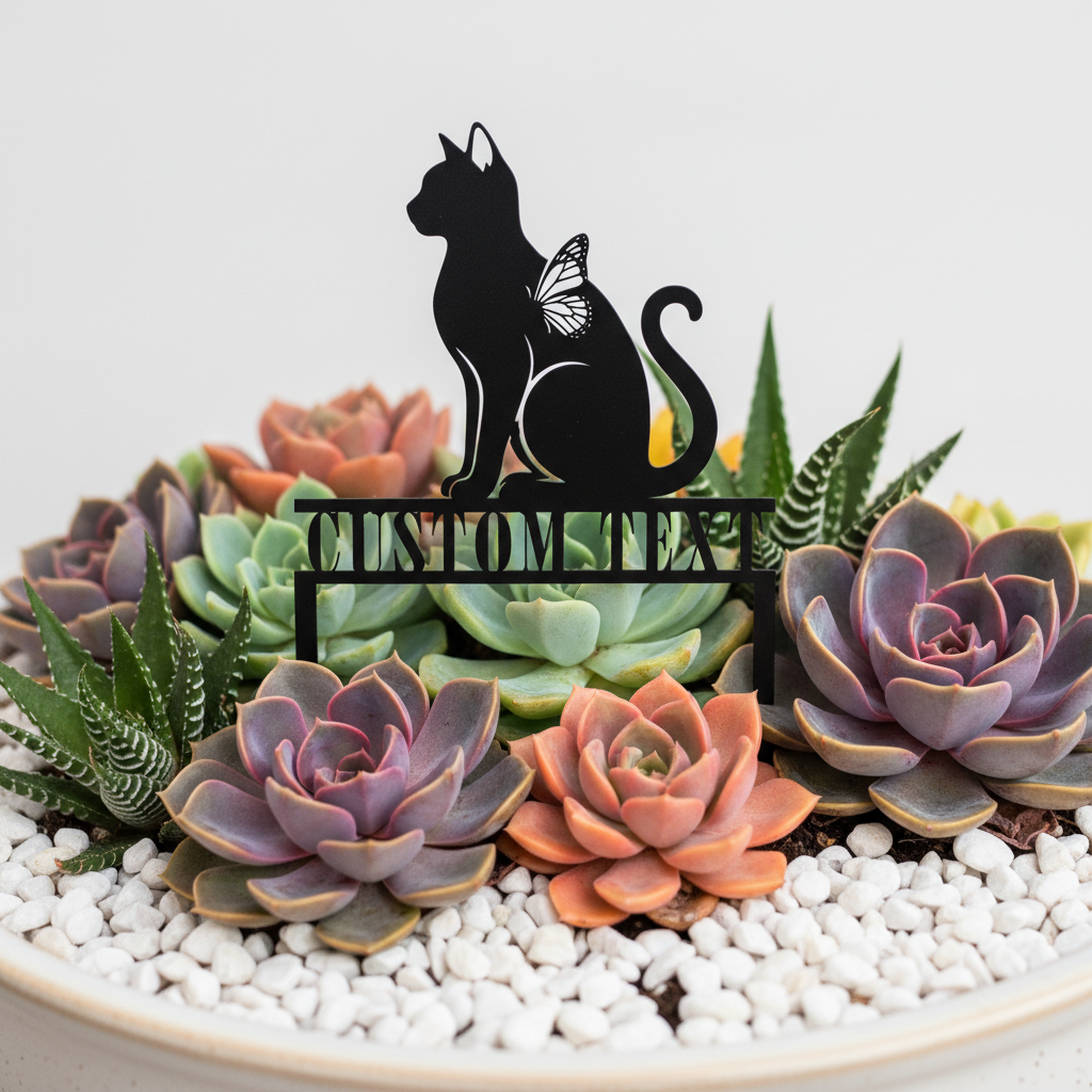 Personalized cat and butterfly memorial garden stake with name in black steel – image 4
