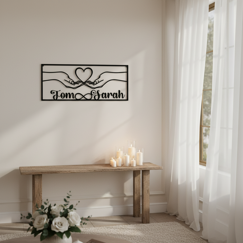 Personalized holding hands couple metal sign with heart and infinity symbol – image 3