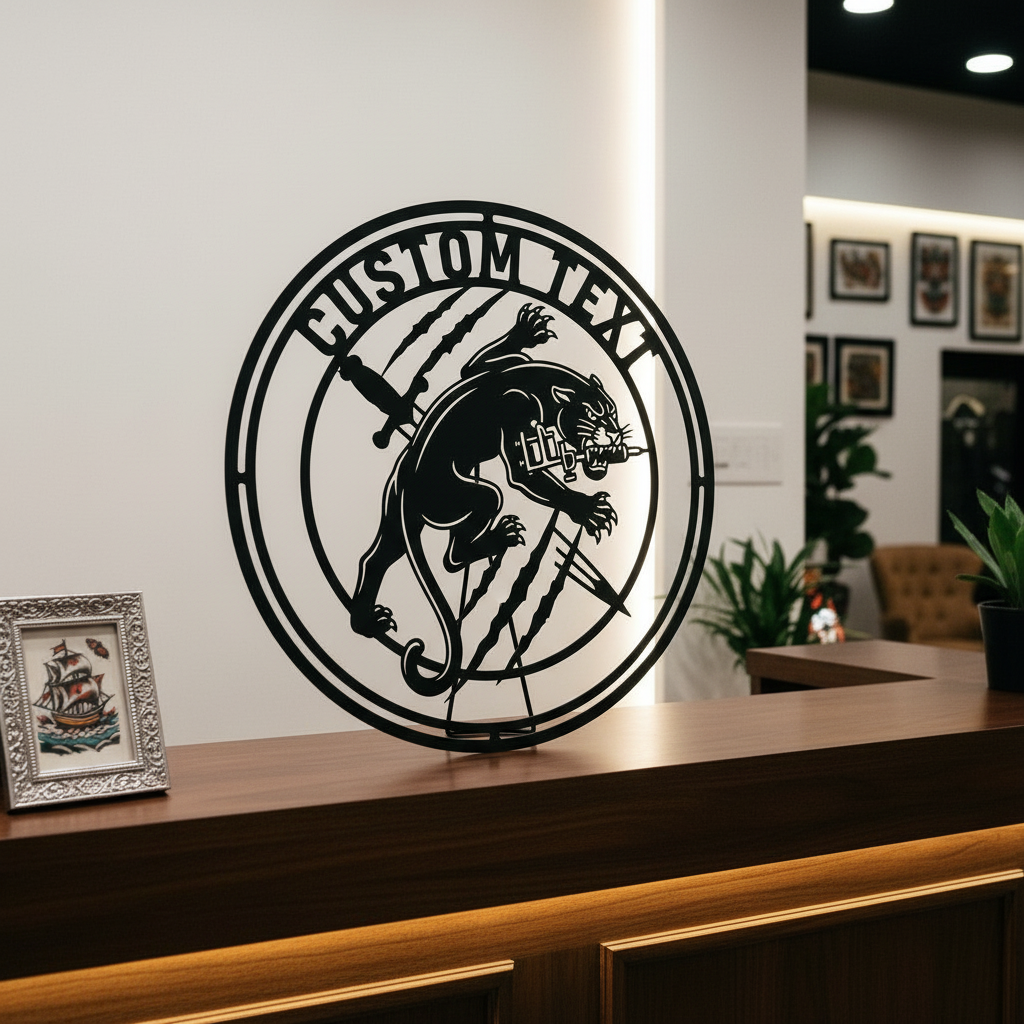Personalized round tattoo studio sign with panther, tattoo machine and dagger in steel – image 10