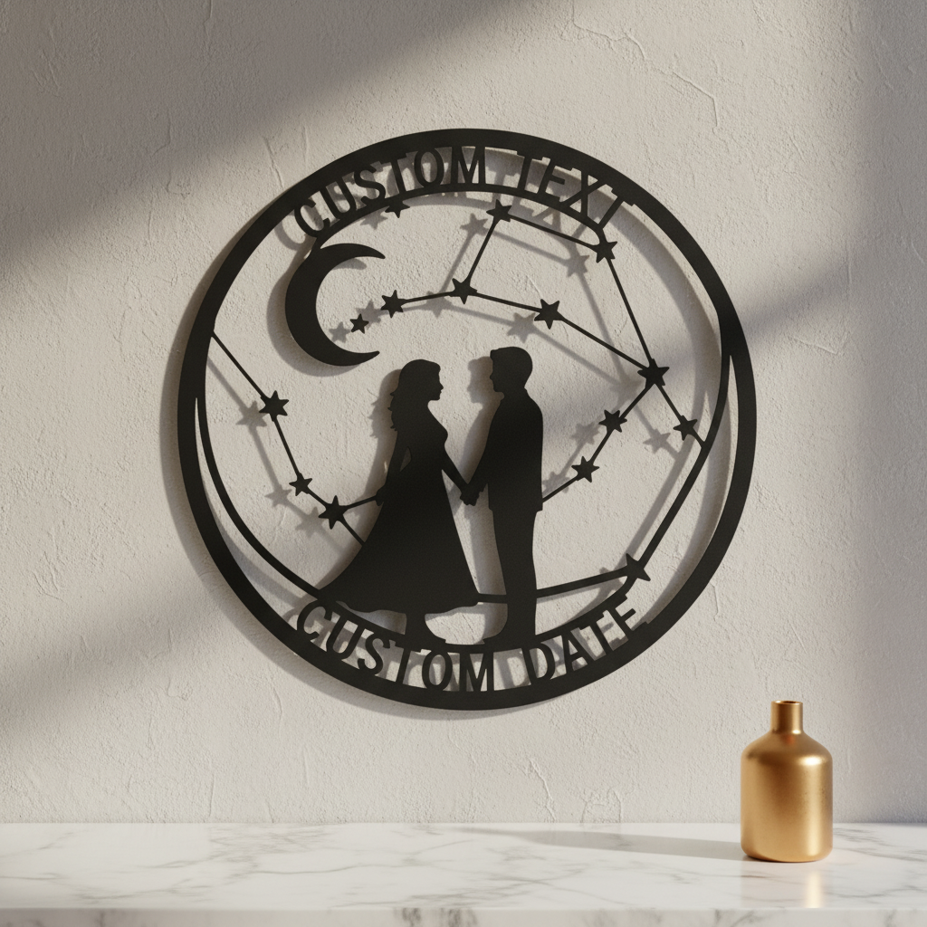 Personalisiertes Paar Metallschild mit Sternbild, Mondsichel und Namen aus schwarzem Stahl – Bild 6