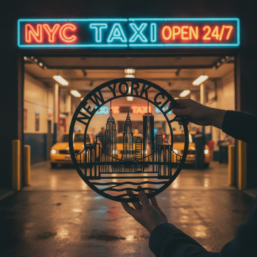 Round New York City skyline metal sign with Manhattan silhouette in black steel – image 7
