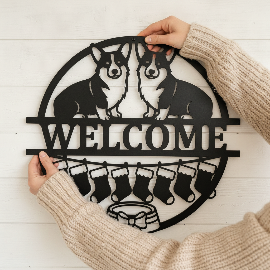 Round corgi Christmas welcome sign with stockings in black steel – image 8