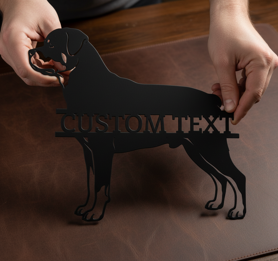 Personalized Rottweiler metal sign with dog name in black steel