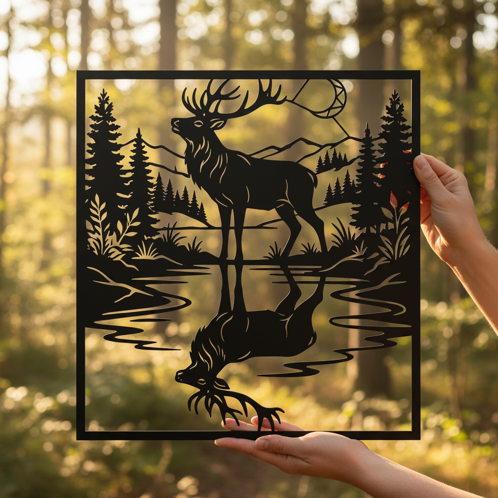 Hirsch mit Spiegelbild im See vor Bergen und Tannenwald, quadratisches Metallschild – Bild 6