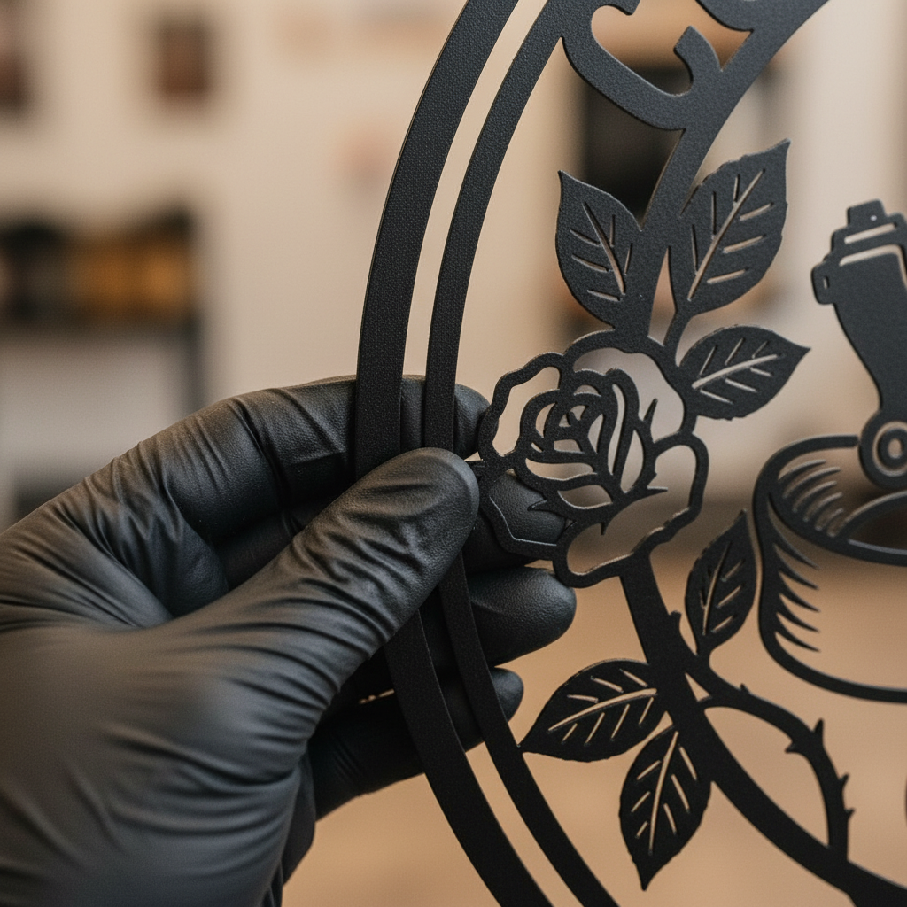 Personalisiertes Tattoo Metallschild rund mit Tattoomaschine und Rose – Bild 5