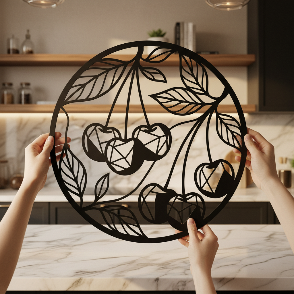 Personalized cherry kitchen sign with botanical fruit and name in black steel – image 6