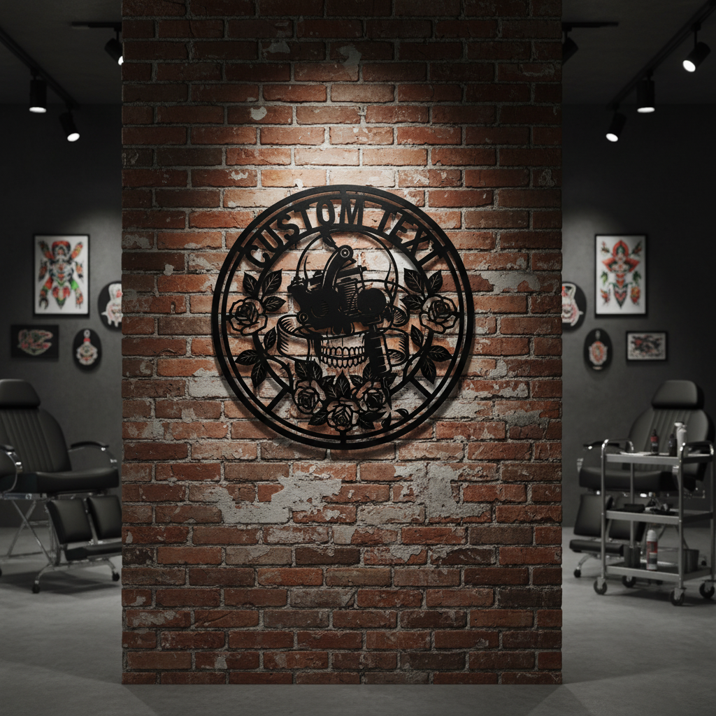 Personalisiertes rundes Tattoostudio Schild mit Totenkopf, Rose und Tattoomaschine – Bild 6