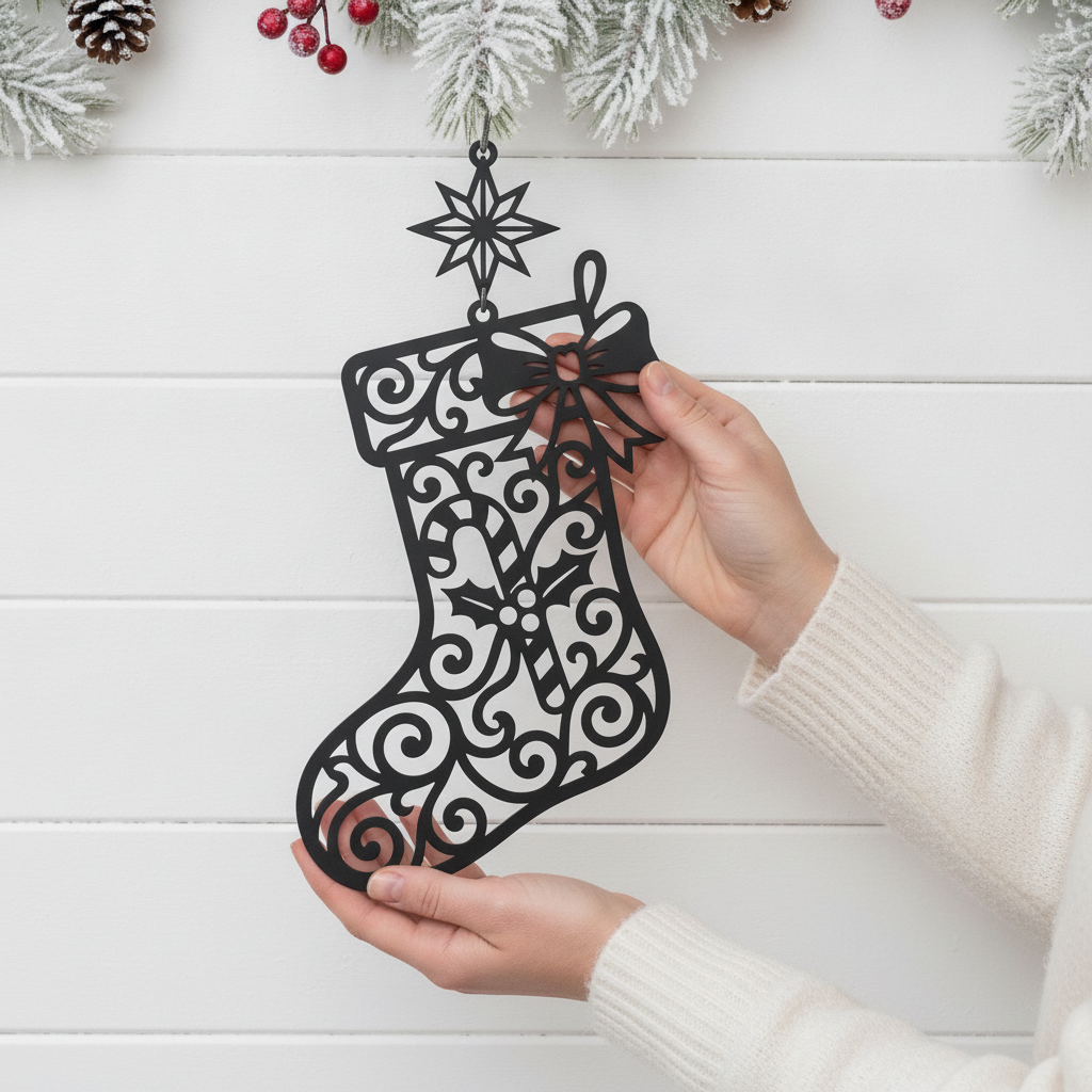 Christmas stocking metal sign with candy cane and star in black steel – image 7