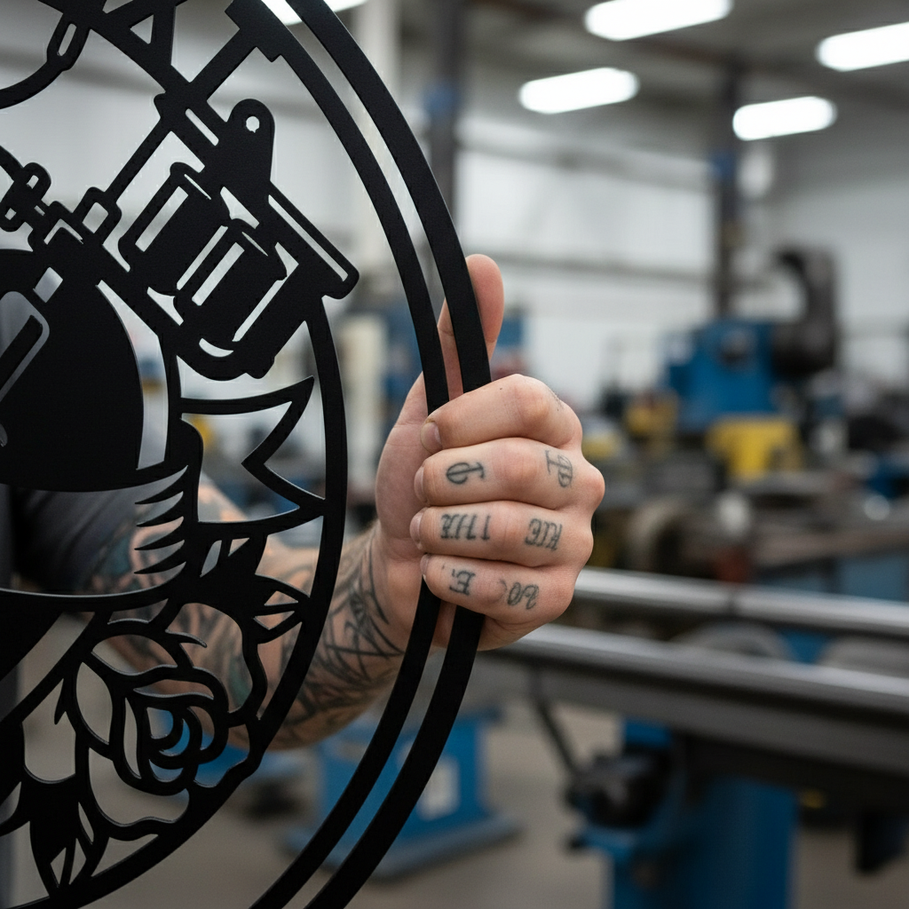 Personalized round tattoo studio sign with heart, rose and tattoo machine in black steel – image 6